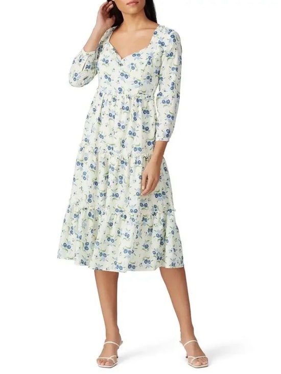 Dresses & Skirts - Sweet Baby Jamie Ivory Floral Print Tiered 3/4 Sleeve Midi Dress, size Large